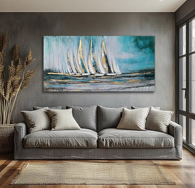 Anolyfi Blue Abstract Canvas Wall Art Teal Ocean Sailboat Picture Modern Coastal Nautical Painting, Textured Artwork Large Framed for Living Room Bedroom Bathroom Kitchen Office Home Decor 40"x20"