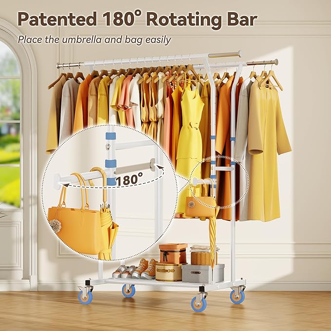 Heavy Duty Clothes Rack for Hanging Clothing: Rolling Coat Racks Poartable Garment with Wheels Freestanding Sturdy Metal Adjustable Extendable with Shelves Bedroom Laundry Living Room