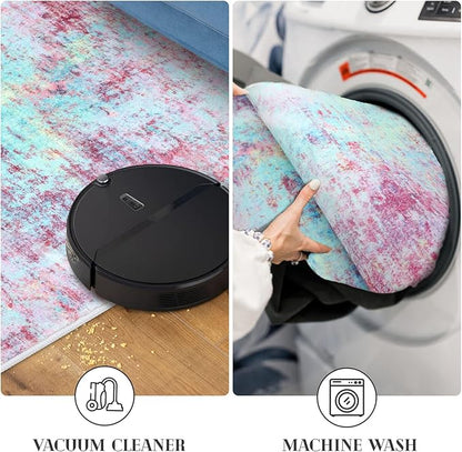 Modern Abstract 3x5 Girls Room Rug, Machine Washable Blush Pink Sky Blue Entryway Rug, Thin Kitchen Mat Non-Slip, Print Faux Wool Soft Floor Carpet for Girl Women's Bedroom Bedside