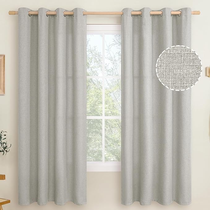 LAMIT Light Grey Linen Textured Curtains for Bedroom, 72 inches Grommet Thick Light Reducing Thermal Curtains Light Filtering Panels for Living Room/Farmhouse, Set of 2 Panels, W52 x L72