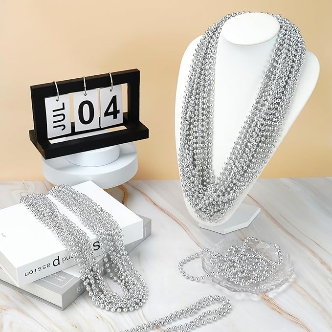 72 PCS Silver Bead Necklaces, Silver Mardi Gras Christmas Beads Necklaces, Patriotic Necklaces, 33 Inch Beaded Necklaces for Mardi Gras Christmas Party, 4th of July and New Year Eve Festive Events
