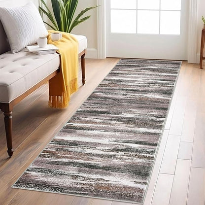 Modern Abstract Runner Rug 2x6, Dark Light Brown White Washable Kitchen Runner Non-Slip Soft Hallway Rug Runner Thin Print Faux Wool Carpet for Entryway Bedroom Laundry Room Indoor Home Decor