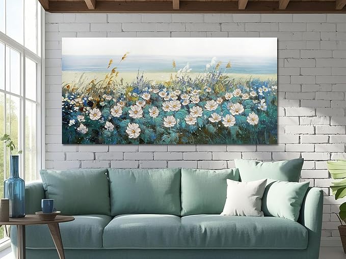 Arjun Flower Wall Art Bedroom Wall Decor Canvas White Daisy Floral Painting Landscape Picture Art Work for Living Room Wall Decor Textured Large Office Home Dining Room, 48"x24"