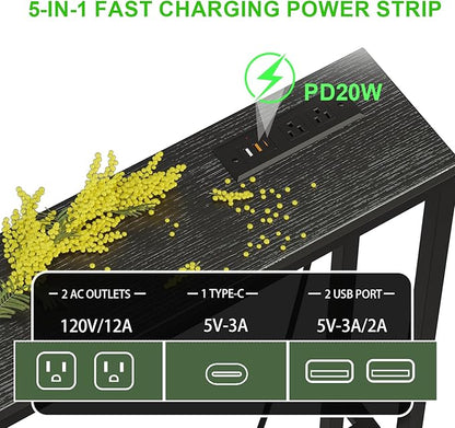 86.6" Behind Couch Table with Fast Charging Station, 7.1" Narrow Skinny Sofa Table with 2 Power Outlets, 2 USB-A, USB-C for Console Entryway, Black