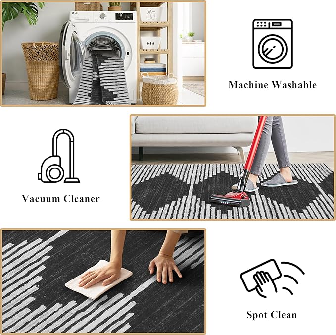 HelloTree Hallway Runner Rug，2.6x8 Moroccan Modern Stripe Carpet Washable Machine Bathroom Runner Bohemian Design Modern Soft Non Slip Indoor Rug for Entryway Hallway Laundry Room Bedroom-Black