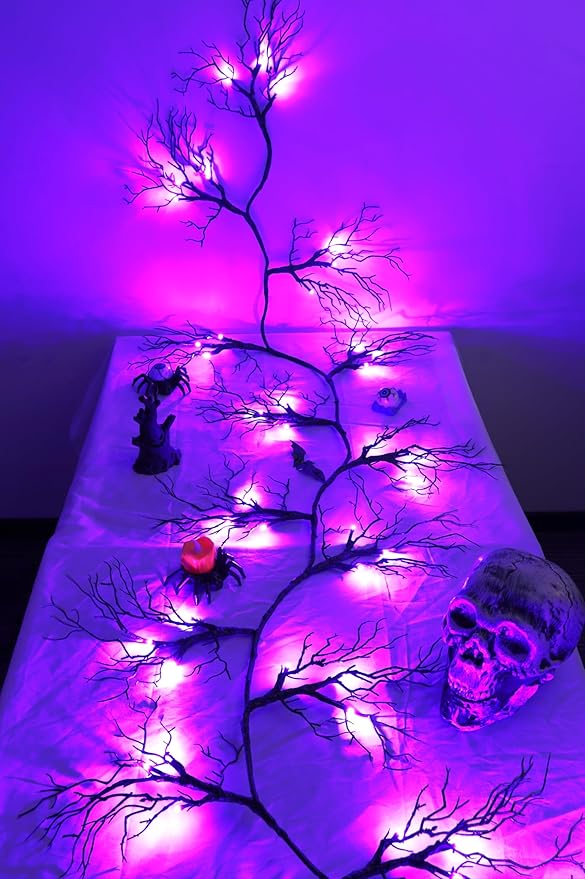 6 FT Halloween Black Garland Willow Vine Twig Decor with Orange & Purple Light, 8 Modes & Timer Battery Operated Waterproof Halloween Decorations Indoor for Mantle Fireplace Home Party Decor