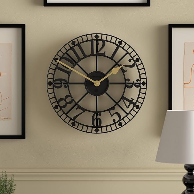 NEWGATE® Warehouse Wall Clock | Skeleton Clock | 16 inch | Black with Brass Hands | Contemporary Vintage Style for Kitchen, Living Room or Office