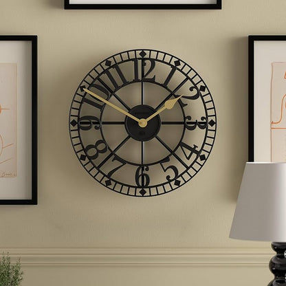 NEWGATE® Warehouse Wall Clock | Skeleton Clock | 16 inch | Black with Brass Hands | Contemporary Vintage Style for Kitchen, Living Room or Office