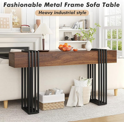63 Inch Long Console Table, Extra Thick Industrial Sofa Table Behind The Couch Rectangular Entryway Table for Entrance Hallway Living Room, Entire top Board & 4-Pipe Legs, Rustic Brown