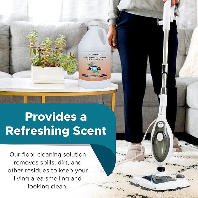 Steam & Go Demineralized Water Cleaning Solution for Floor & Multi-Surface Steam Cleaners - Compatible for All Steam Mops - Tropical Bloom Scent, 128 oz
