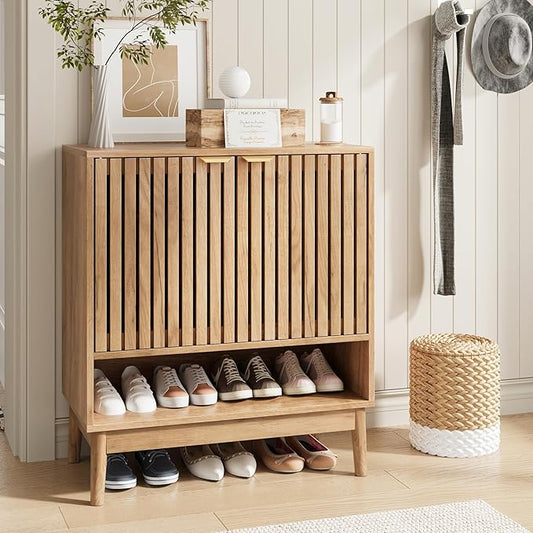 Shoe Storage Cabinet with Adjustable Shelves, Wooden Shoe Organizer, Shoes Rack for Entryway, Hallway, Living Room (Natural Wood, 27.56" W)