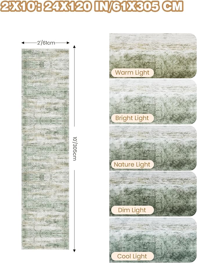 Long Rugs Runner - Washable Runner Rugs for Hallway 2x10, Ultra-Thin Soft Kitchen Carpet Runner, Anti Slip Backing Runner Rugs for Entrance, Bedroom, Living Room(2'x10', Green/Yellow/Ivory)