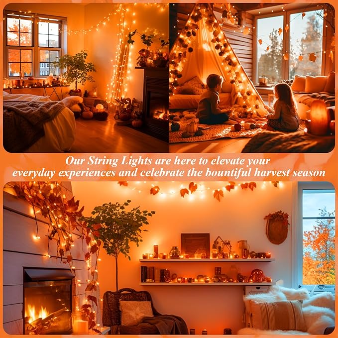 JMEXSUSS 66ft 200 LED Halloween Lights Outdoor Indoor, Connectable Orange String Lights Clear Wire, Fall Light Plug in for Fireplace Tree Garden Patio Thanksgiving Fall Halloween Decor