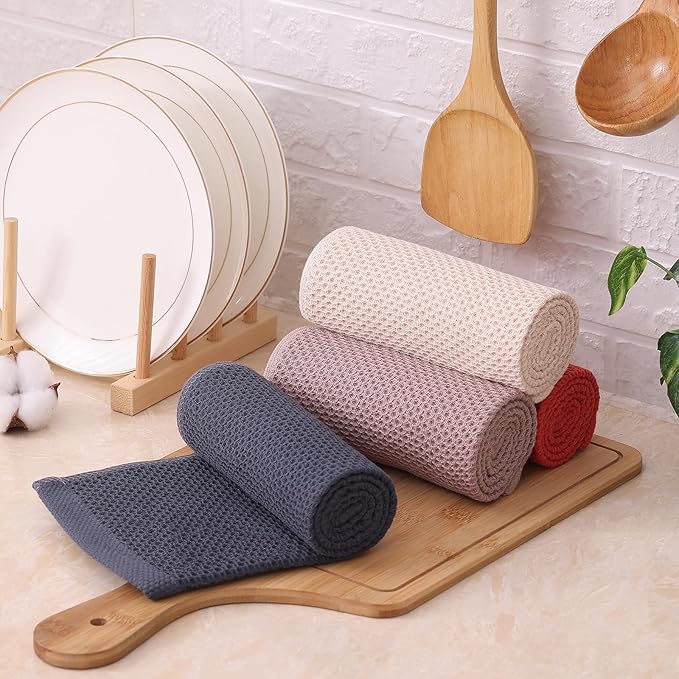 Kitinjoy 100% Cotton Waffle Weave Kitchen Towels, 4-Pack Super Soft and Absorbent Dish Towels for Drying Dishes, Kitchen Hand Towels, 13 in x 28 in, Multicolor