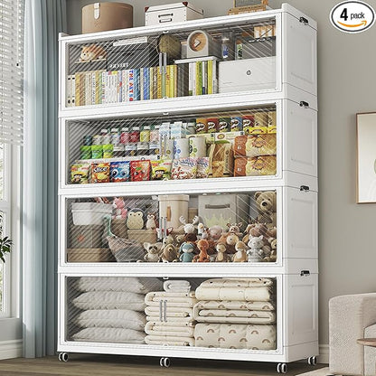 320 Gallon Extra Large Collapsible Storage Bin with Lid, 960QT Stackable Plastic Organizer with 6x Wheels, Foldable Drawer Cabinet for Closet, Living Room Office, Kitchen 4Pack, White