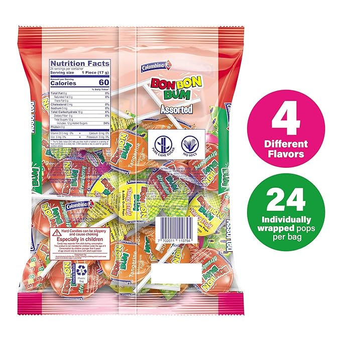 Colombina Bon Bon Bum Lollipops w/Bubble Gum Center, Assorted Flavors, Individually Wrapped, Ideal for Party Favors and Gifts, 1 Pack (24 Count)