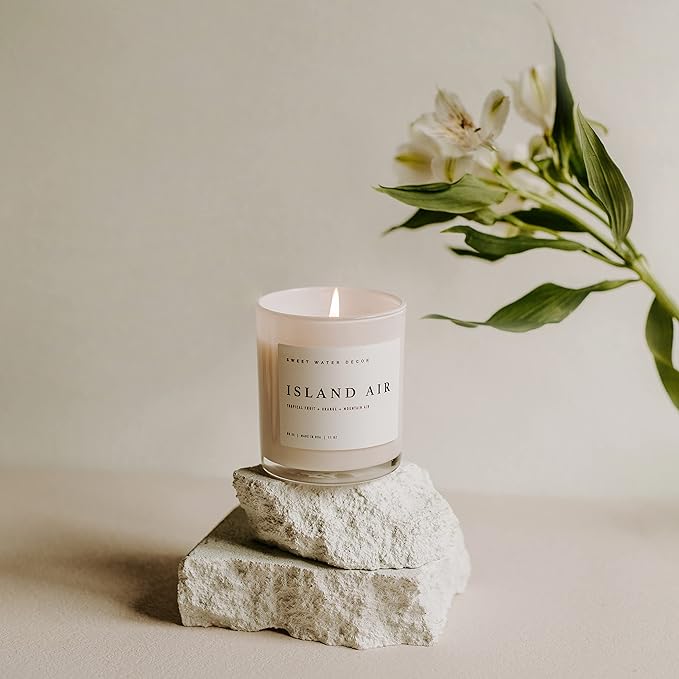 Sweet Water Decor Island Air Soy Candle - Tropical Fruit, Mountain Air, and Orange Scented Summer Candles for Home - 11oz White Glass Jar + Wood Lid, 50+ Hour Burn Time, Made in The USA