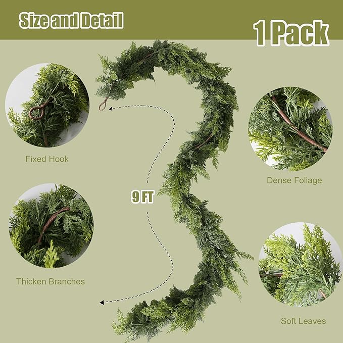 9FT Real Touch Norfolk Christmas Pine Garland, Lifelike Artificial Bendable Greenery Garland for Front Door, Mantle, Staircase, Windowsill Indoor Outdoor Christmas Decorations