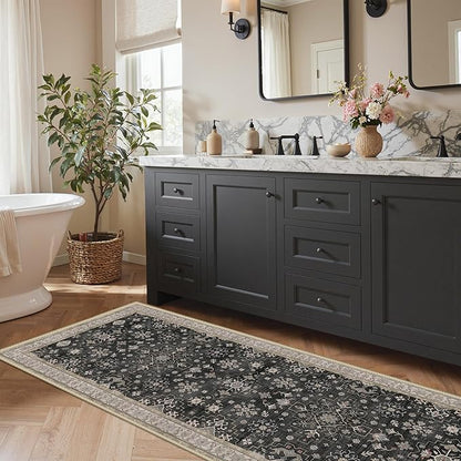GENIMO 2'5x7 Runner Rug,Machine Washable Non-Slip Vintage Rugs,Low Pile Lightweight Carpet for Bedroom,Hallway,Entryway,Kitchen,Bathroom,Black