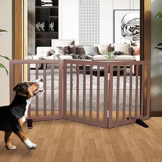 Dog Gate Indoor, Freestanding Dog Fence for The House, Doorways, Hallways,or Stairs,Pet Gate Foldable Wooden,Expandable 24" Height 3 Panels,Brown