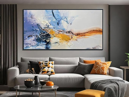 Ardemy Large Abstract Wall Art Canvas for Living Room Modern Framed Wall Decor Textured White Beige Purple Painting Picture Bedroom Artwork Home Office Kitchen Dining Room, Black Wood 48"x24"