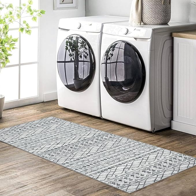 KUTA Boho Washable Runner Rug 2x5 ft Grey Moroccan Washable Runners for Hallways Non-Slip Vintage Kitchen Rug Ultra Soft Distressed Geometric Floor Carpet for Bedroom Laundry Living Room