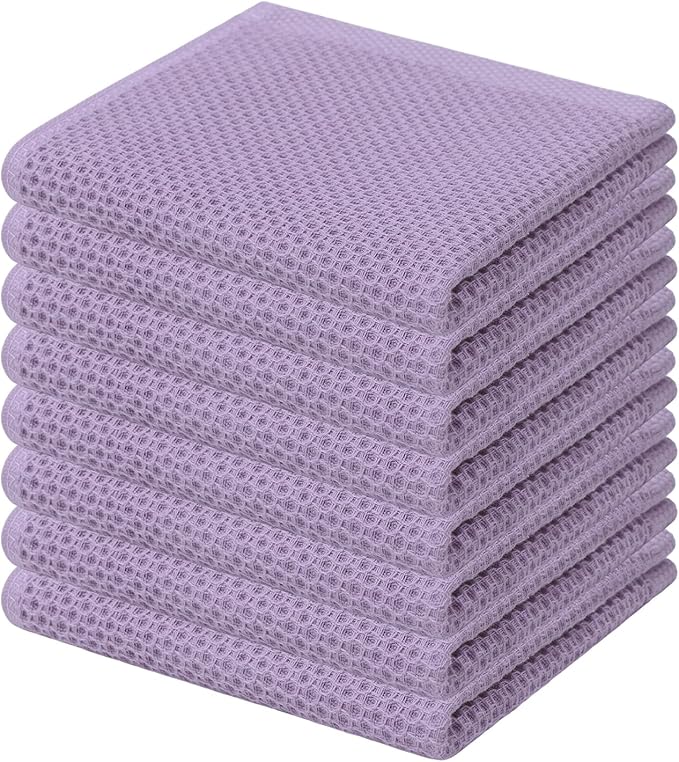 Kitinjoy 100% Cotton Kitchen Dish Cloths, 8 Pack Waffle Weave Ultra Soft Absorbent Dish Towels for Drying Dishes Quick Drying Kitchen Towels Dish Rags, 12 X 12 Inches, Lavender