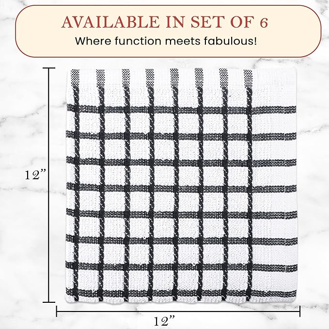 Vintage Vista 100% Cotton Dish Cloths (Pack of 6) - Dish Rags for Washing Dishes - Reusable & Highly Absorbent Kitchen Towels - Kitchen Rags for Christmas - (12" x 12" - Black Checkered)