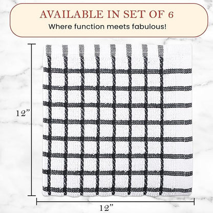 Vintage Vista 100% Cotton Dish Cloths (Pack of 6) - Dish Rags for Washing Dishes - Reusable & Highly Absorbent Kitchen Towels - Kitchen Rags for Christmas - (12" x 12" - Black Checkered)