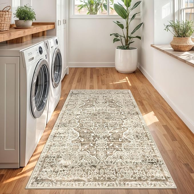 KUTA Vintage Floral Rug 3x5, Area Rugs for Living Room Beige Brown Washable Kitchen Carpet Non-Slip, Ultra Soft Printed Distressed Vintage Entry Low-Pile Throw for Living Room Dorm Décor