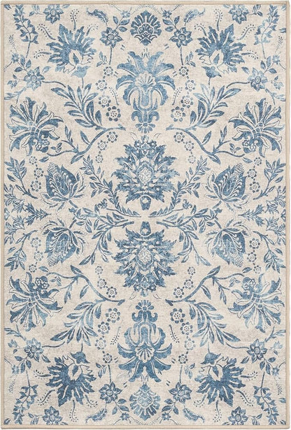 jinchan 3x5 Area Rugs for Entryway, Vintage-Inspired Floral Design Machine Washable Non-Slip Low-Pile Rug, Ultra-Thin Indoor Traditional Accent Carpet for Entrance Kitchen Bedroom Hallway, Dark Blue