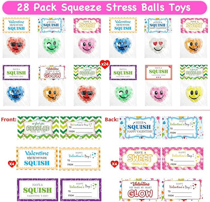 28 Pack Valentines Day Gifts for Kids, Valentines Squishy Stress Balls with Valentine Cards Classroom Prizes Exchange Gifts Prizes Valentines Day Gifts for Kids Boy Girl Valentine Party Favors