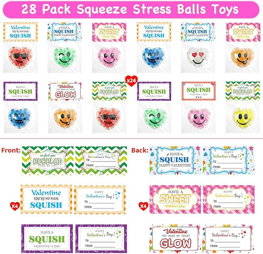 28 Pack Valentines Day Gifts for Kids, Valentines Squishy Stress Balls with Valentine Cards Classroom Prizes Exchange Gifts Prizes Valentines Day Gifts for Kids Boy Girl Valentine Party Favors