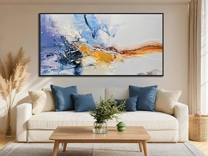 Ardemy Large Abstract Wall Art Canvas for Living Room Modern Framed Wall Decor Textured White Beige Purple Painting Picture Bedroom Artwork Home Office Kitchen Dining Room, Black Wood 48"x24"