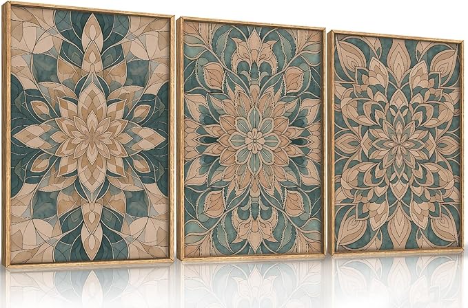 HLNIUC Large Mandala Flower Wall Art Set of 3, Green Scandinavian Botanical Framed Wall Decor(24x36),Norwegian Folk Art Canvas, Bohemian Mexican Vintage Plant Print for Living Room, Bedroom, Office