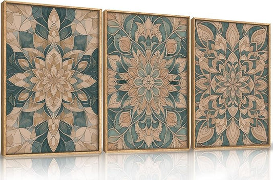 HLNIUC Large Mandala Flower Wall Art Set of 3, Green Scandinavian Botanical Framed Wall Decor(24x36),Norwegian Folk Art Canvas, Bohemian Mexican Vintage Plant Print for Living Room, Bedroom, Office