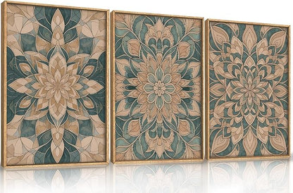 HLNIUC Mandala Flower Wall Art Set of 3, Green Scandinavian Botanical Framed Wall Decor(16x24),Norwegian Folk Art Canvas, Bohemian Mexican Vintage Plant Print for Living Room, Bedroom, Office