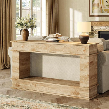 63 Inches Large Console Table, 2-Tier Entryway Table, Narrow Long Sofa Table Behind Couch, Bamboo-like Design, Heavy Duty Base, Farmhouse Wood Accent Decor for Living Room, Hallway, Foyer (Natural)