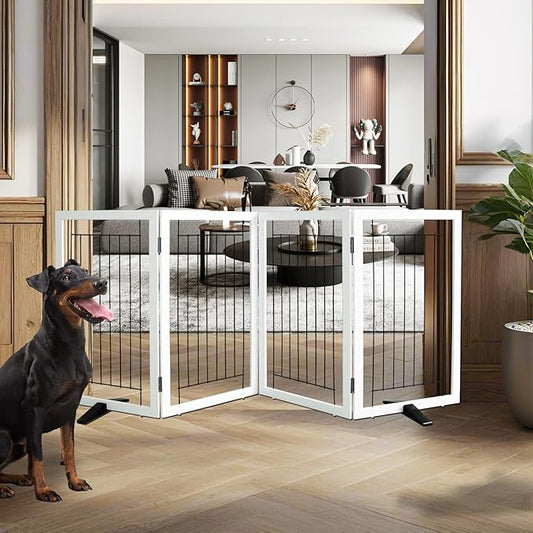 ZJSF Freestanding Dog Gate Indoor, Foldable Dog Fence for Doorways,Hallways or Stairs, Sturdy Wood Extra Wide Pet Gate with Support Feet,White,32 "Height-4 Panels