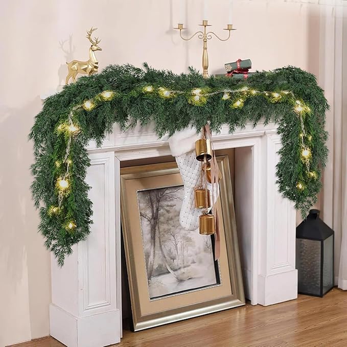 16ft Christmas Cedar Garland, Real Touch Pine Garland, Realistic Cypress Garlands Christmas Decorations for Mantel, Table, Stairs, Porch - Indoor Outdoor Xmas Holiday Decor
