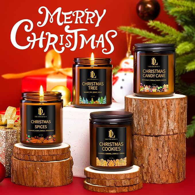 Holiday Candle Set, Scented Candle for Home, 4 Pack Soy Candles for Home Scented, Valentine's Day Candle Gifts for Women Men, Scents of Christmas Tree/Cookies/Spices/Candy Cane