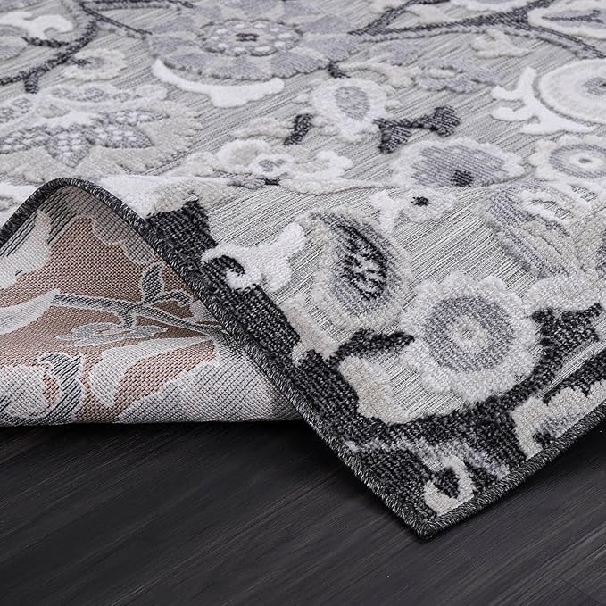 Floral Indoor Outdoor Rugs 8x10 Large Area Rug for Living Room, Patio Decor, Kitchen, and Entryway Rug, Washable Stain Resistant Outside Carpet Gray 8 x 10