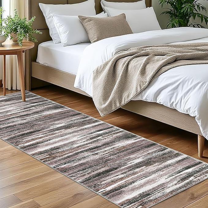Modern Abstract Bedroom Runner Rug 2x7, Dark Light Brown White Washable Kitchen Runner, Non-Slip Soft Thin Faux Wool Mat for Entryway, Hallway, Laundry Room, Indoor Home Decor