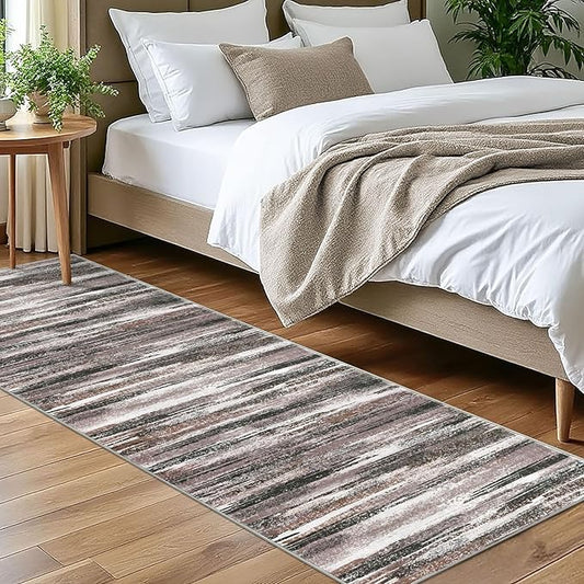 Modern Abstract Bedroom Runner Rug 2x7, Dark Light Brown White Washable Kitchen Runner, Non-Slip Soft Thin Faux Wool Mat for Entryway, Hallway, Laundry Room, Indoor Home Decor