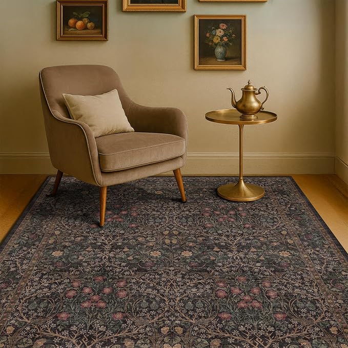 Washable Dark Taupe Brown 4x6 Area Rugs for Living Room, Bedroom Bedside Rug, Kitchen, Mudroom, Non-Slip Low Pile Ultra Soft Stain Resistant, Small Vintage Green Botanical Floral Carpet