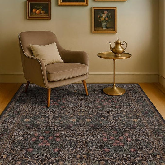Washable Dark Taupe Brown 4x6 Area Rugs for Living Room, Bedroom Bedside Rug, Kitchen, Mudroom, Non-Slip Low Pile Ultra Soft Stain Resistant, Small Vintage Green Botanical Floral Carpet