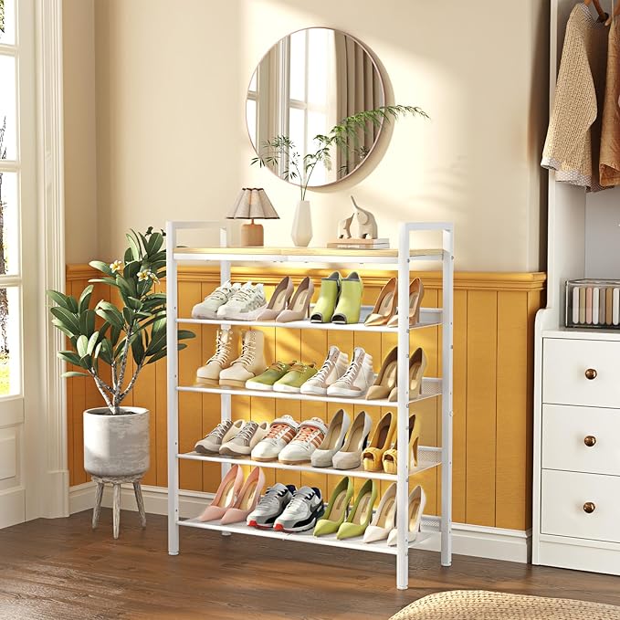 Shoe Rack for Front Door Entrance, 5 Tier Shoe Rack for Entryway, 16-20 Pairs of Shoes, Metal Shoe Racks Organizer, Free Standing Shoe Racks for Closet, Garage, Outdoor (White+Beige)