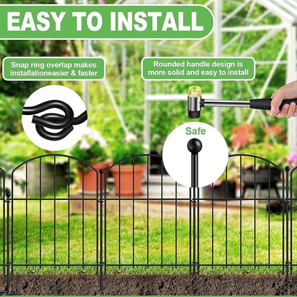 10 Panels No Dig Metal Garden Fence, Rustproof Decorative Dog & Rabbit Barrier with 11 Sturdy Stakes, Outdoor Animal Fencing for Yard, Patio, Flower Beds (Black)