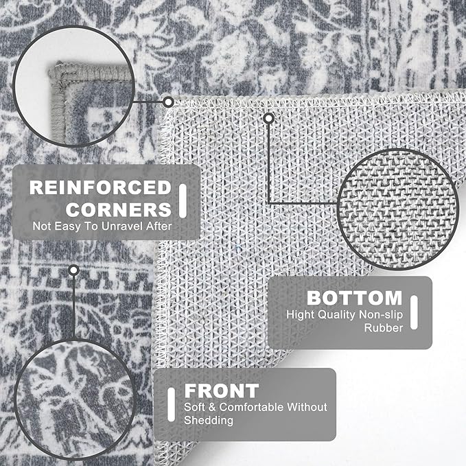 KILOCOCO Hallway Runner 2x8 Rug Runner Printed Vintage Floral Washable Kitchen Runners Non-Slip Rubber Backed Runners for Hallways Laundry Room Distressed Boho Rugs for Entryway Bedroom, Grey