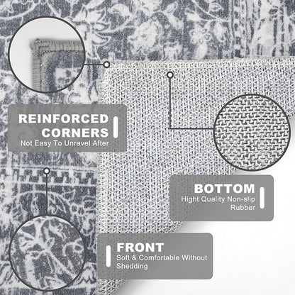 KILOCOCO Hallway Runner 2x7 Rug Runner Printed Vintage Floral Washable Kitchen Runners Non-Slip Rubber Backed Runners for Hallways Laundry Room Distressed Boho Rugs for Entryway Bedroom, Grey